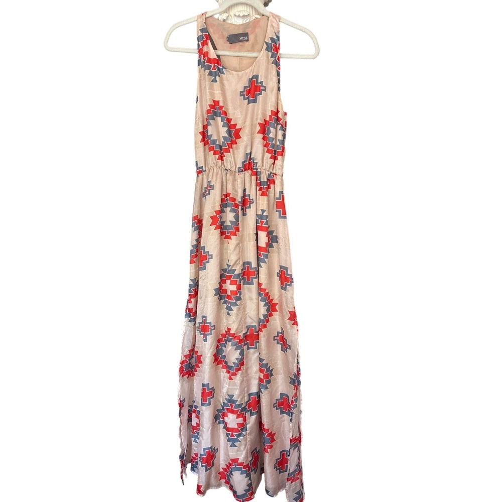 Myne Ashley Ann Silk Maxi Dress Size 2 Geometric Print Sleeveless Beige Red